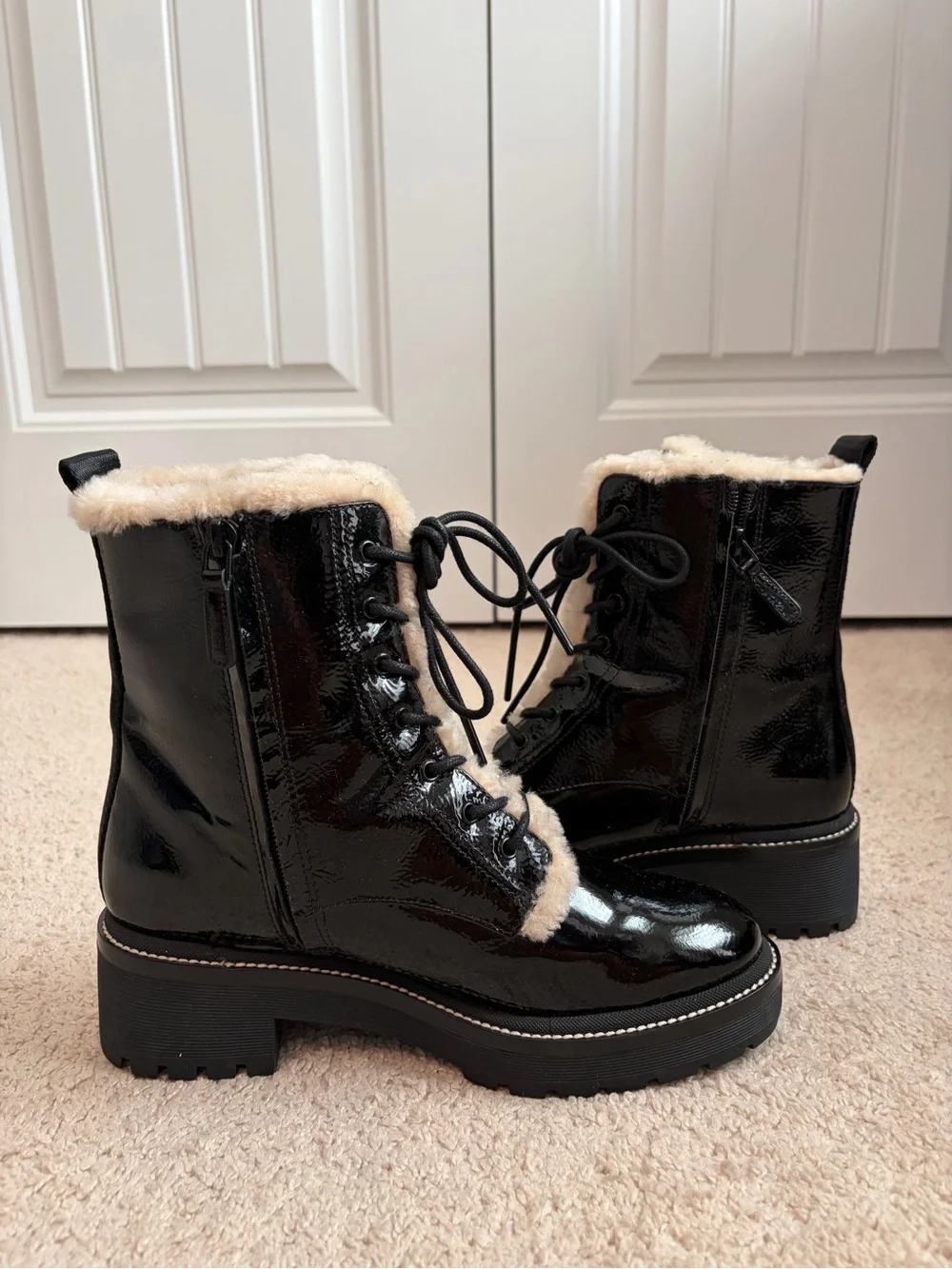 Tory Burch Miller Lug Sole Black Patent Shearling Lined Combat Boots Womens Sz 8